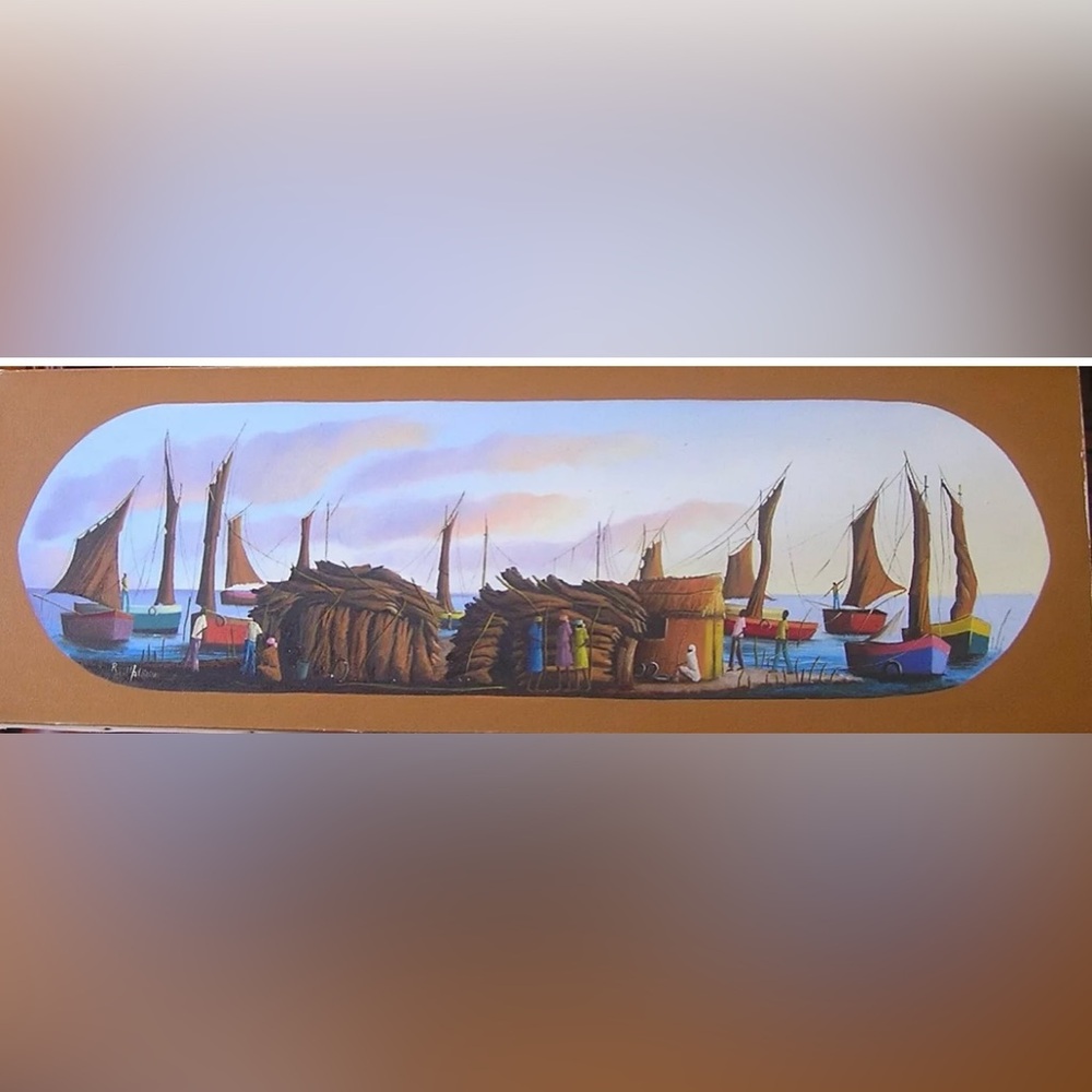 Beautiful 10X30 acrylic on canvas by Haitian artist Raoul Mathieu. UNFRAMED.